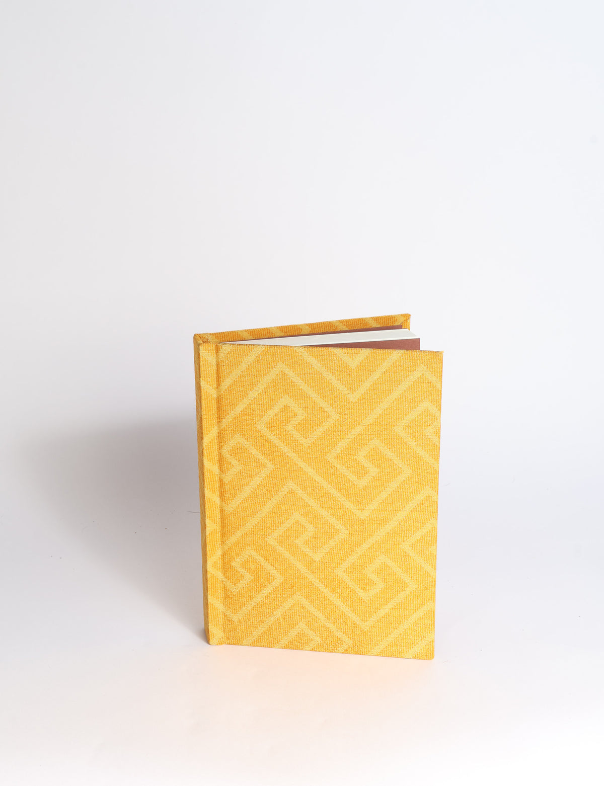 A6 hard cover notebook with teal pre-loved sari fabric cover featuring dark green floral vine pattern, standing upright