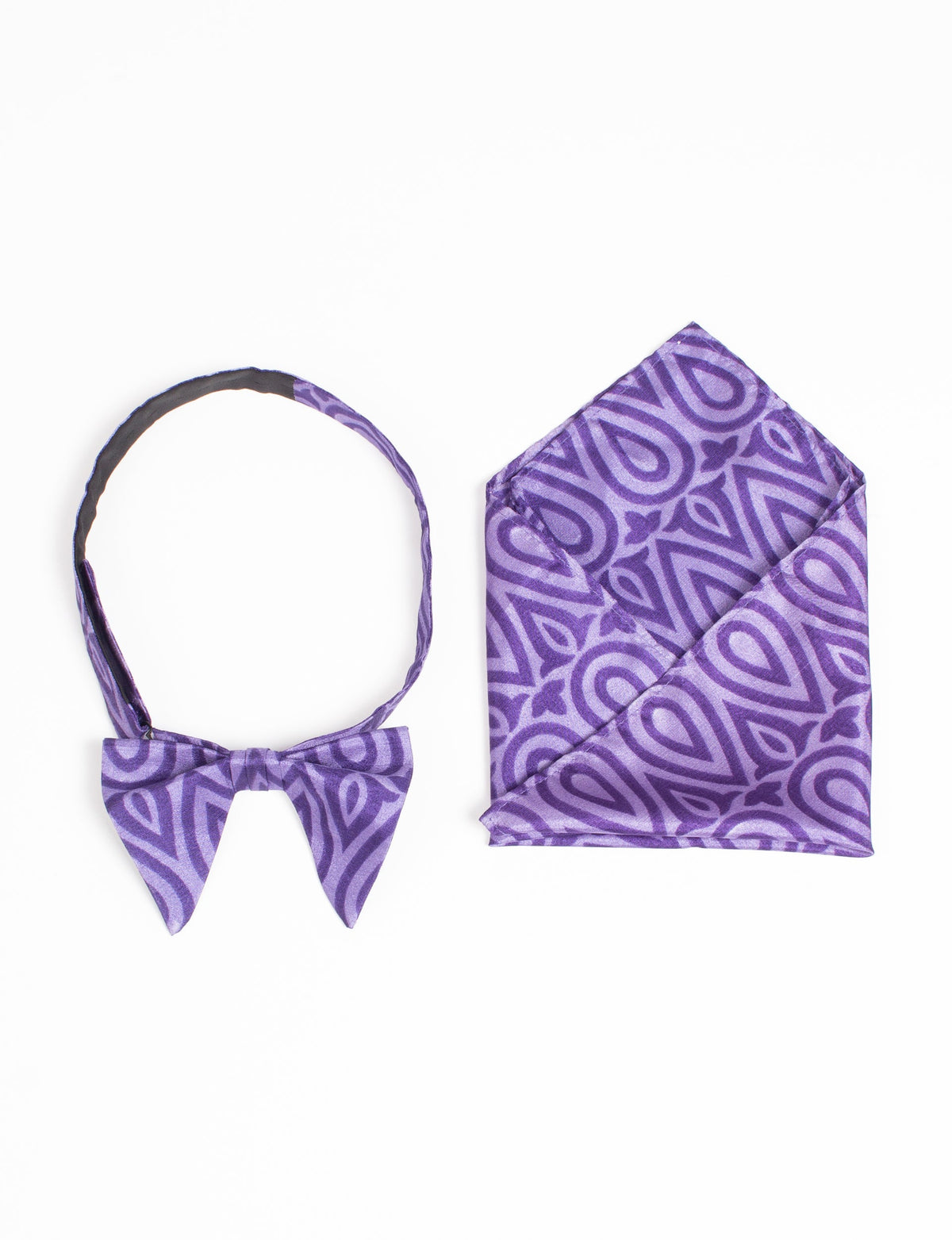 Purple bow tie and pocket square set with abstract teardrop pattern, shown flat on white background