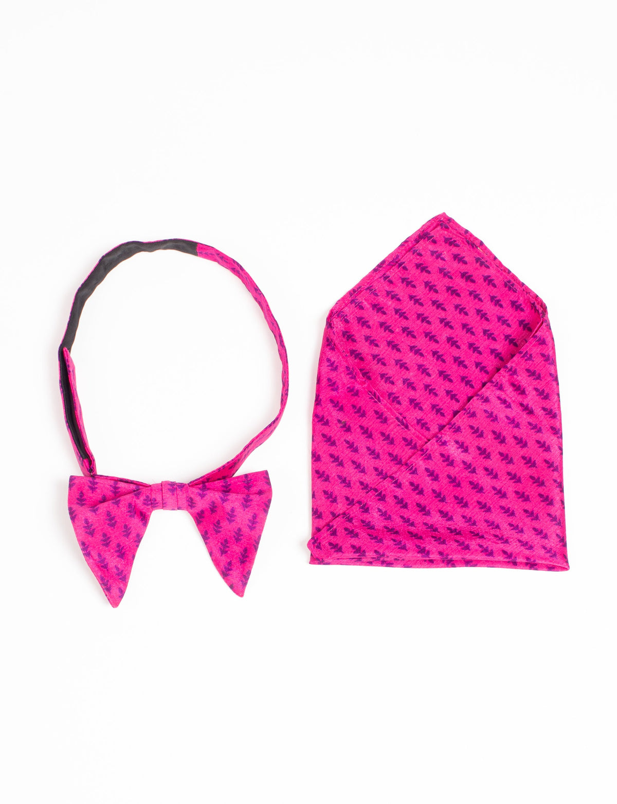 Pink bow tie and pocket square set with dark purple micro leaf pattern, shown flat on white background