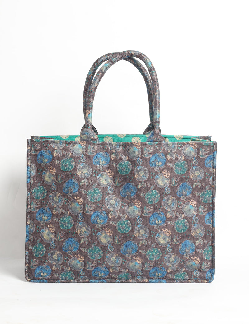 Grey floral patterned work tote bag with padded handles, front view, standing upright on white background