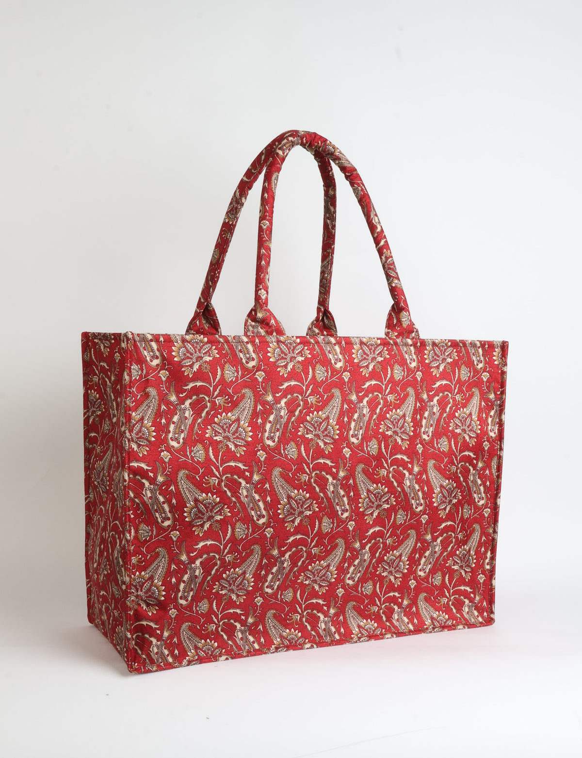Grey floral patterned work tote bag with padded handles, front view, standing upright on white background
