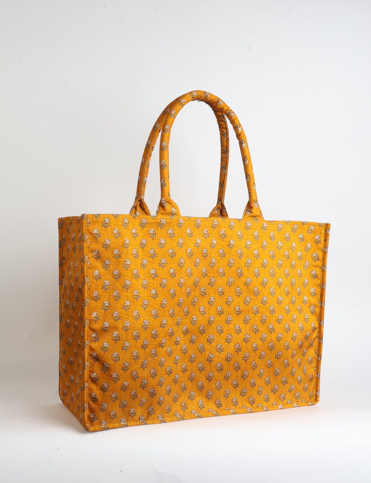 Grey floral patterned work tote bag with padded handles, front view, standing upright on white background