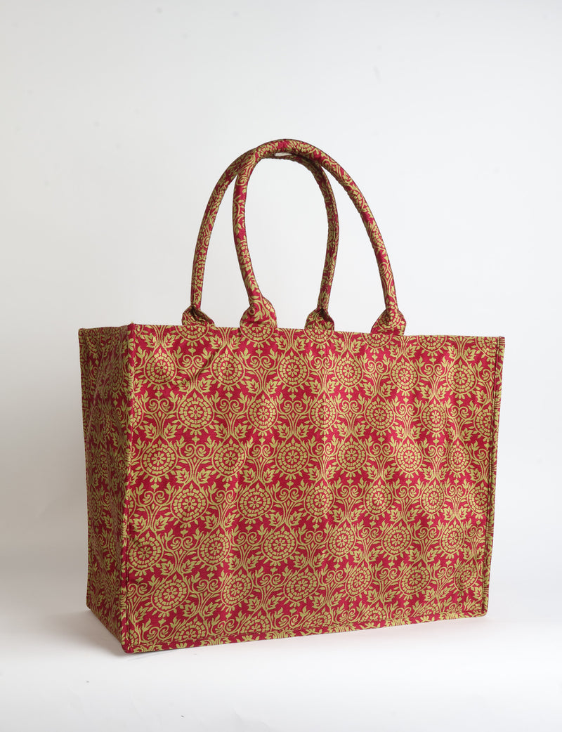 Grey floral patterned work tote bag with padded handles, front view, standing upright on white background