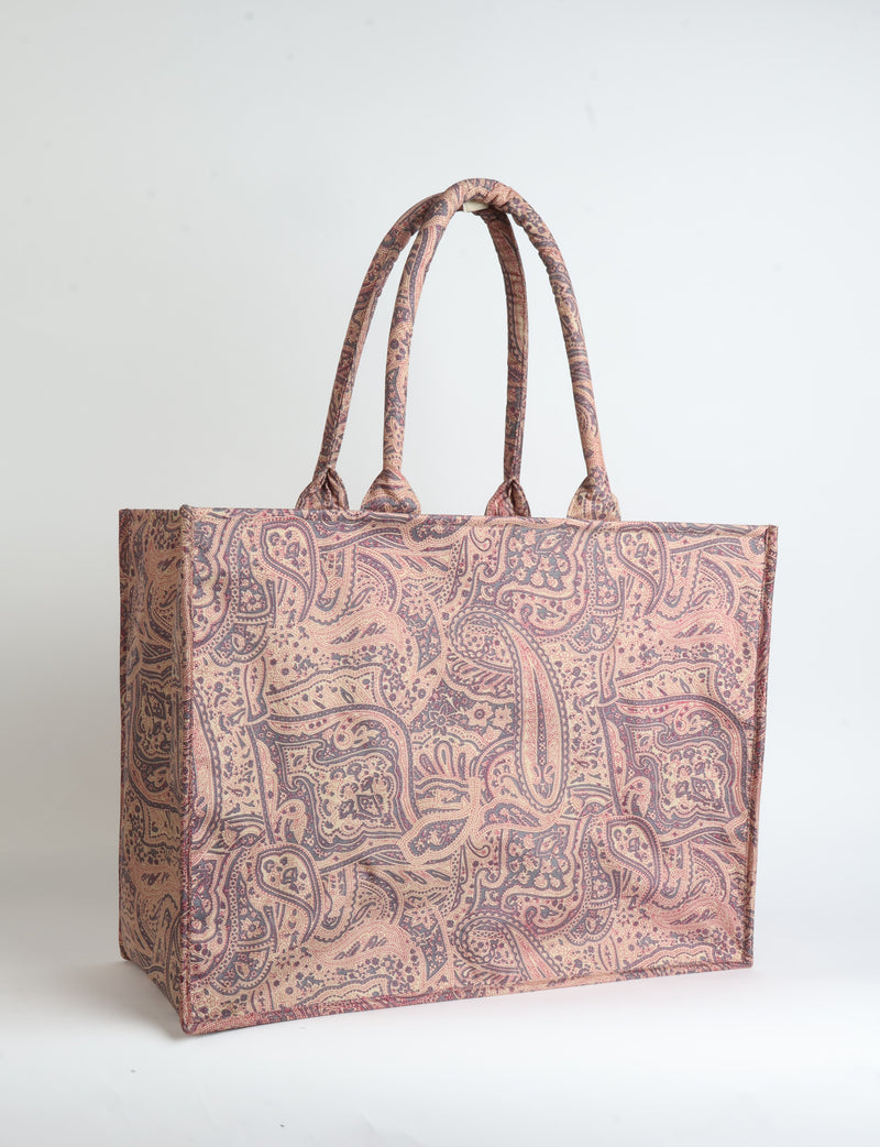 Grey floral patterned work tote bag with padded handles, front view, standing upright on white background