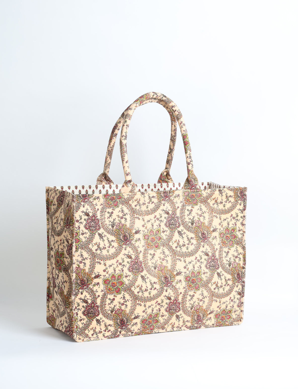 Grey floral patterned work tote bag with padded handles, front view, standing upright on white background