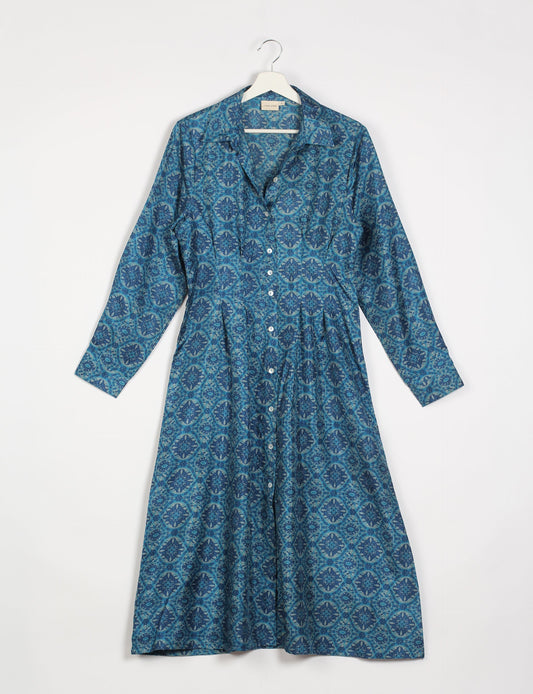 Midi shirt dress with cinched waist, crafted from recycled fabric. A sustainable women's clothing piece representing ethical fashion, eco-friendly products, and upcycled women's clothing.