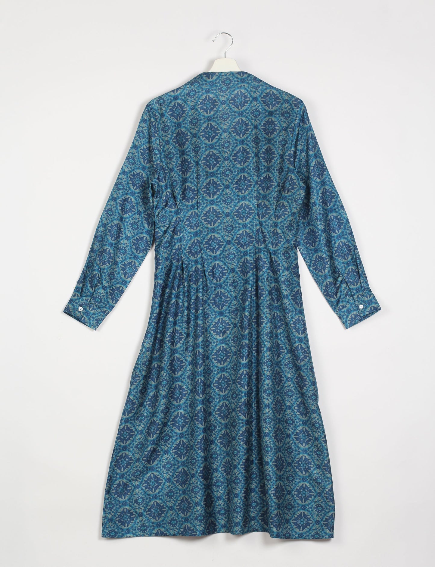 Midi shirt dress with cinched waist, crafted from recycled fabric. A sustainable women's clothing piece representing ethical fashion, eco-friendly products, and upcycled women's clothing.