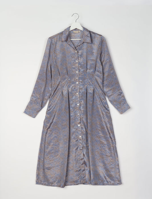 Midi shirt dress with cinched waist, crafted from recycled fabric. A sustainable women's clothing piece representing ethical fashion, eco-friendly products, and upcycled women's clothing.