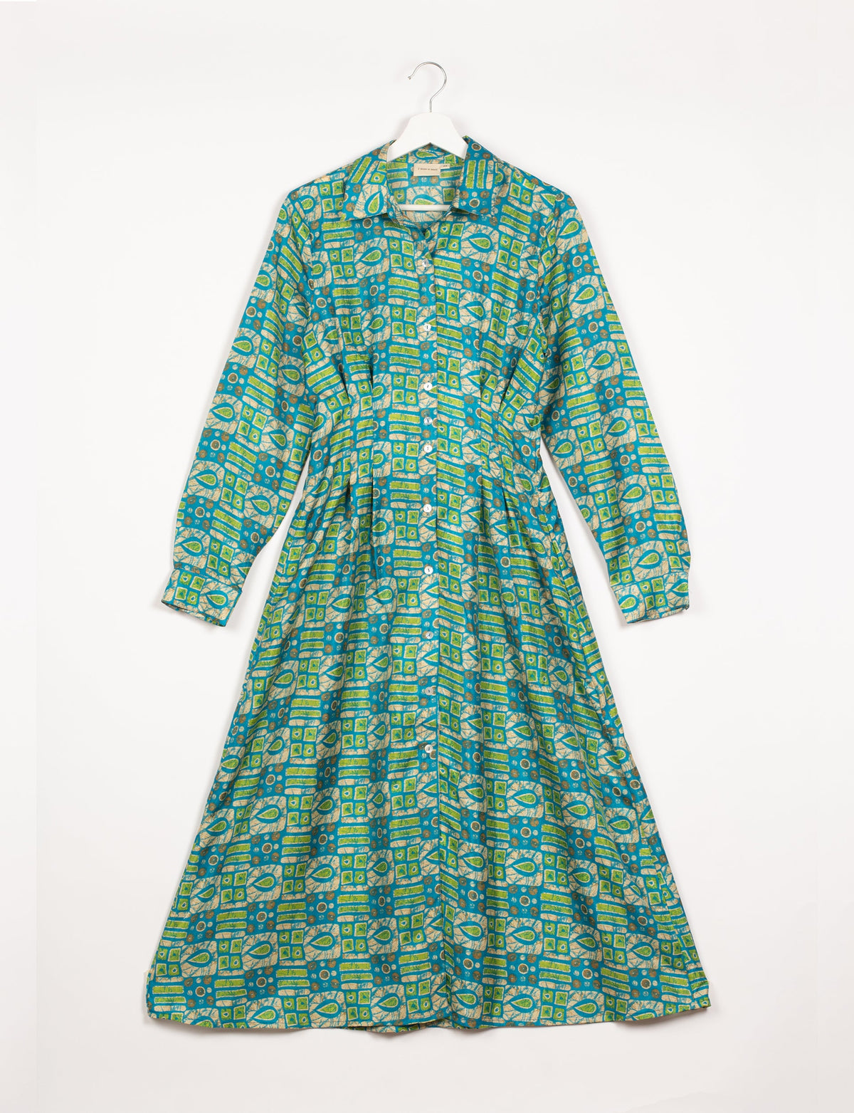 Midi shirt dress with cinched waist, crafted from recycled fabric. A sustainable women's clothing piece representing ethical fashion, eco-friendly products, and upcycled women's clothing.