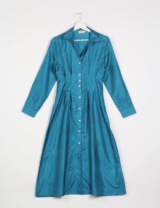 Midi shirt dress with cinched waist, crafted from recycled fabric. A sustainable women's clothing piece representing ethical fashion, eco-friendly products, and upcycled women's clothing.