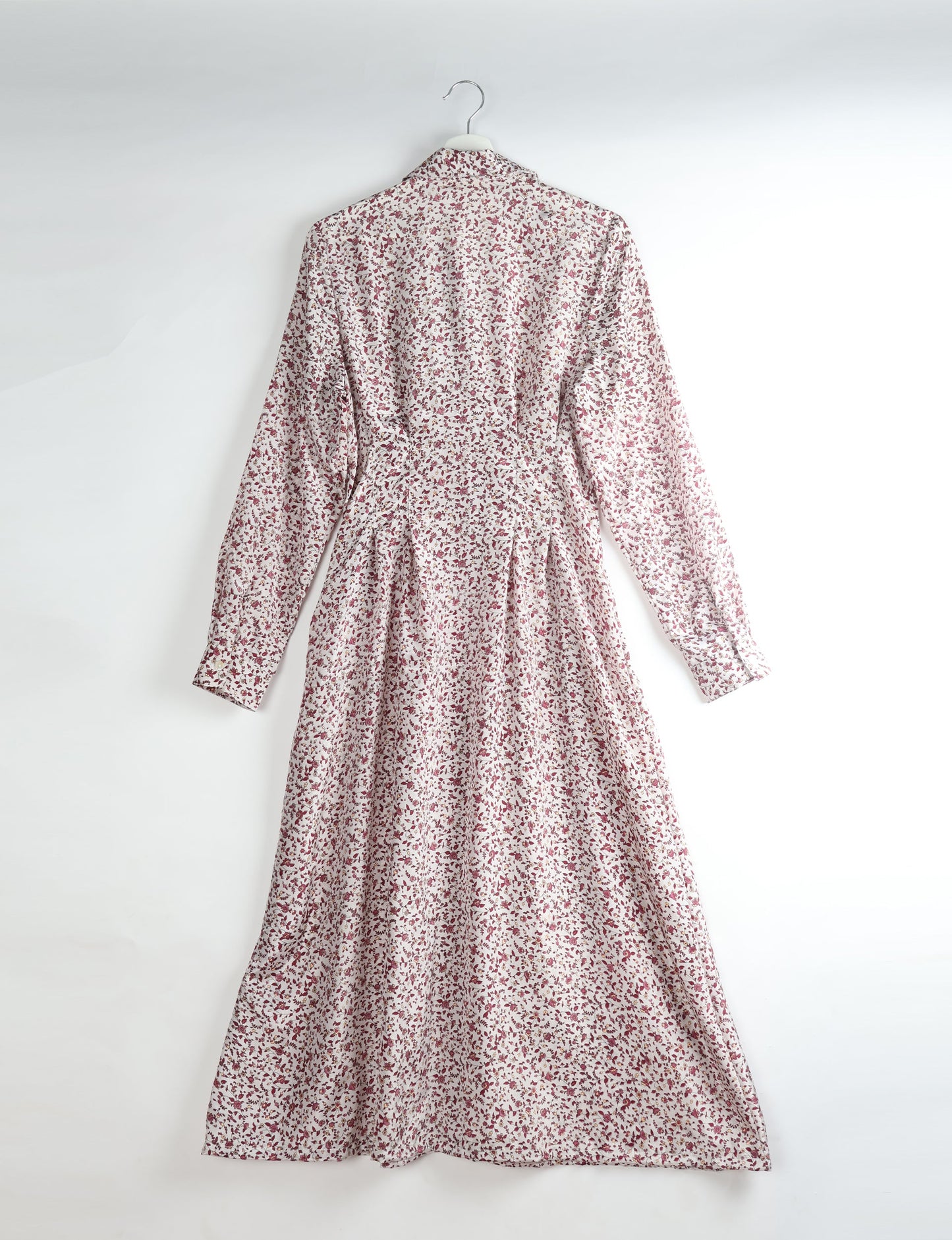 Full-sleeve button-down midi shirt dress made from recycled fabric, featuring a cinched waist and structured collar — an upcycled women’s clothing piece inspired by circular fashion and eco friendly fashion trends promoting earth friendly clothing.