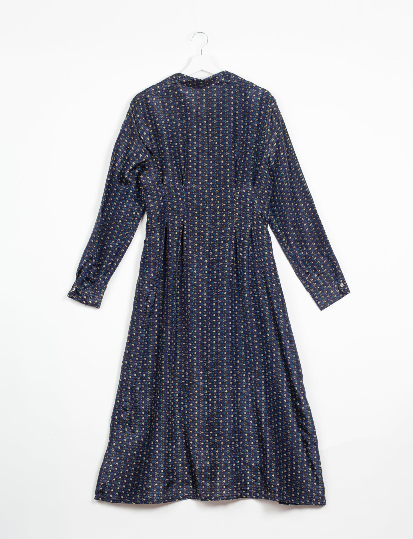 Midi shirt dress with cinched waist, crafted from recycled fabric. A sustainable women's clothing piece representing ethical fashion, eco-friendly products, and upcycled women's clothing.