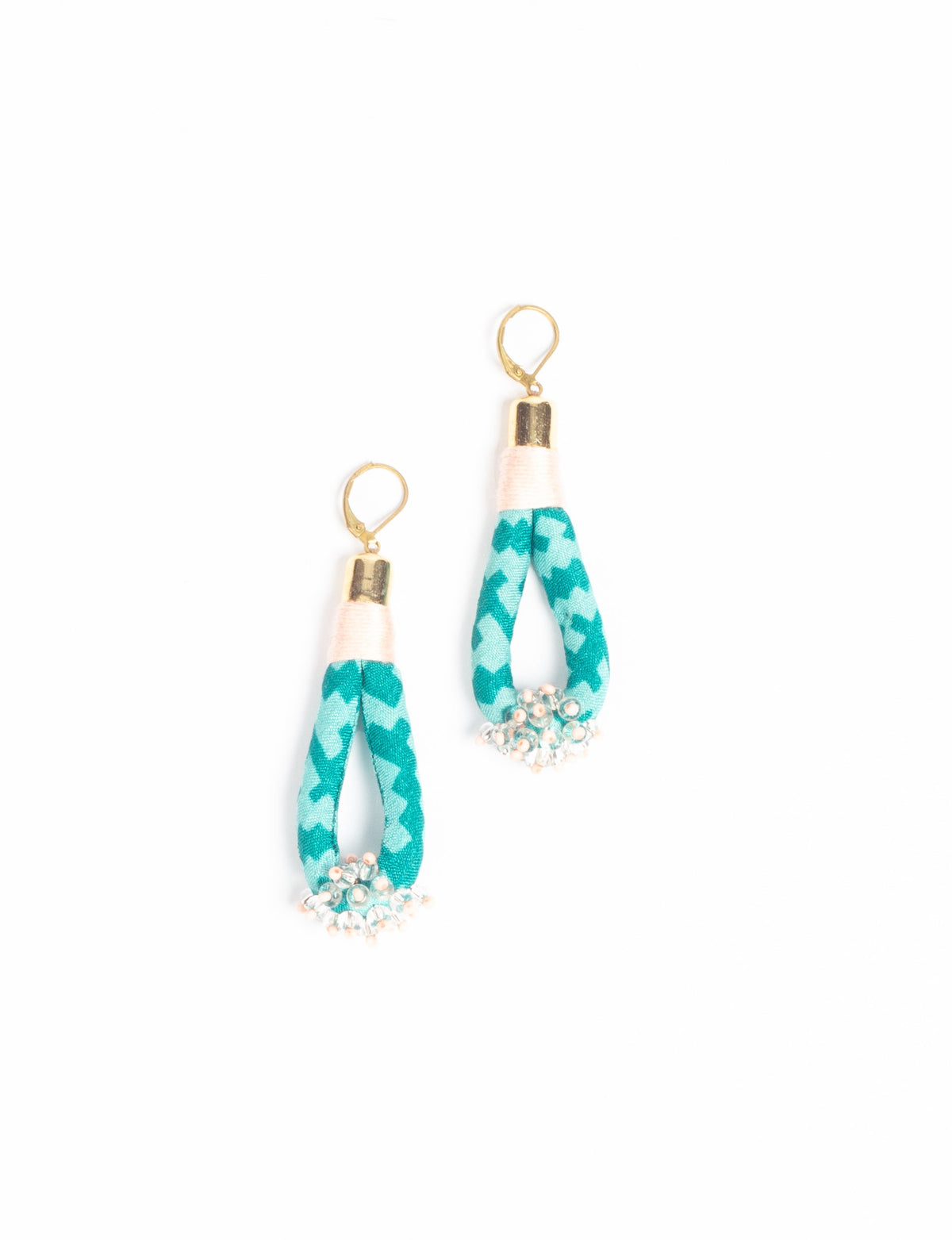 Green patterned fabric loop drop earrings with gold-tone hooks and small clear and pink beads at the bottom
