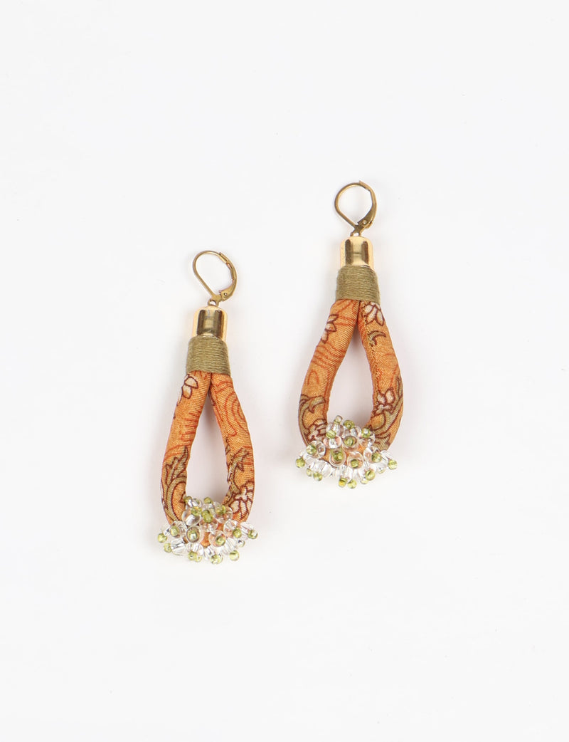 Handcrafted yellow tropical patterned fabric drop earrings with green and clear bead clusters and gold-tone hooks, 8 cm long