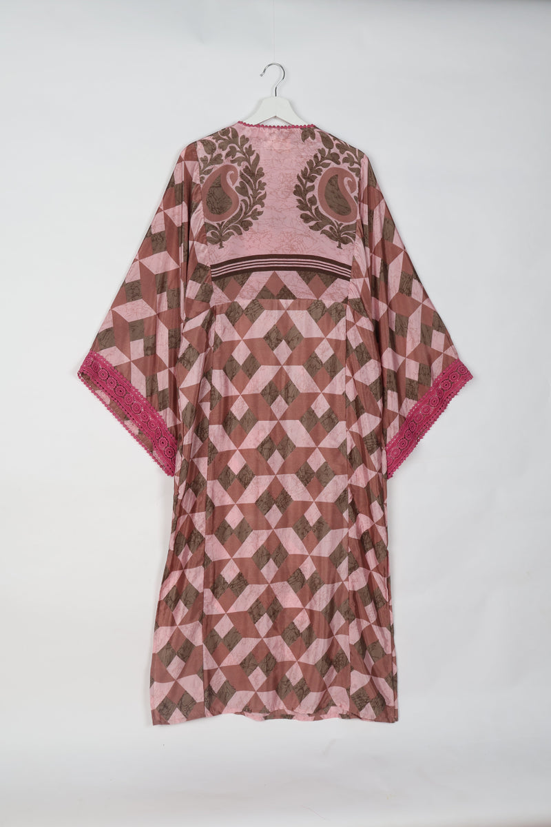 Brown and pink geometric patterned maxi kaftan with paisley motifs and pink lace trim on sleeves, shown hanging flat