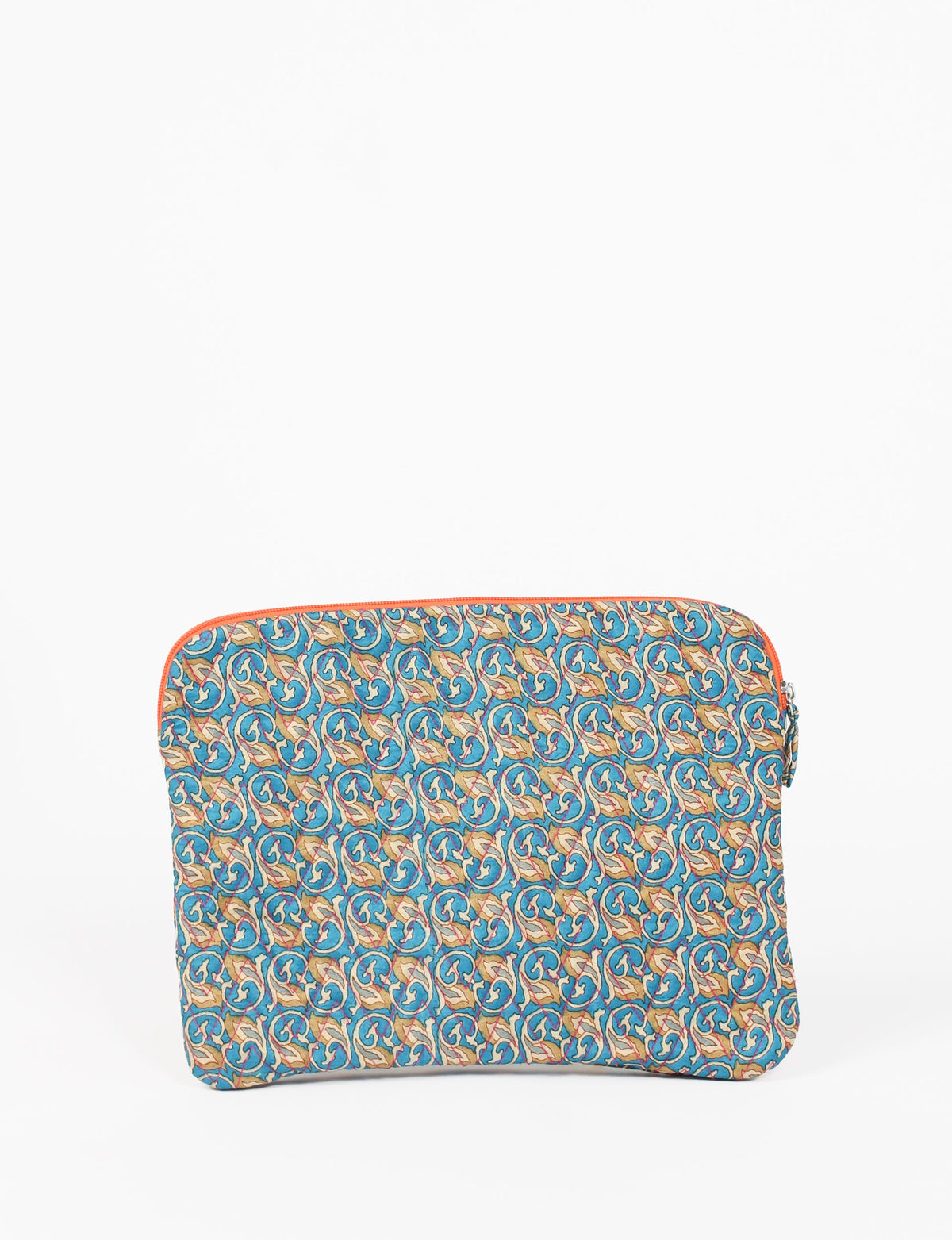 Quilted laptop sleeve with blue, beige, and red micro floral pattern and orange zipper, front view, flat lay