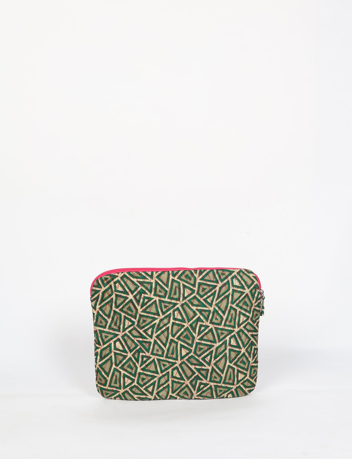 Quilted laptop sleeve with green paisley geometric pattern and red zipper, front view, standing upright on white background