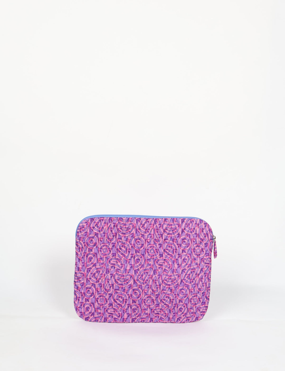 Quilted laptop sleeve with pink and purple abstract pattern, zipper closure, shown flat against white background