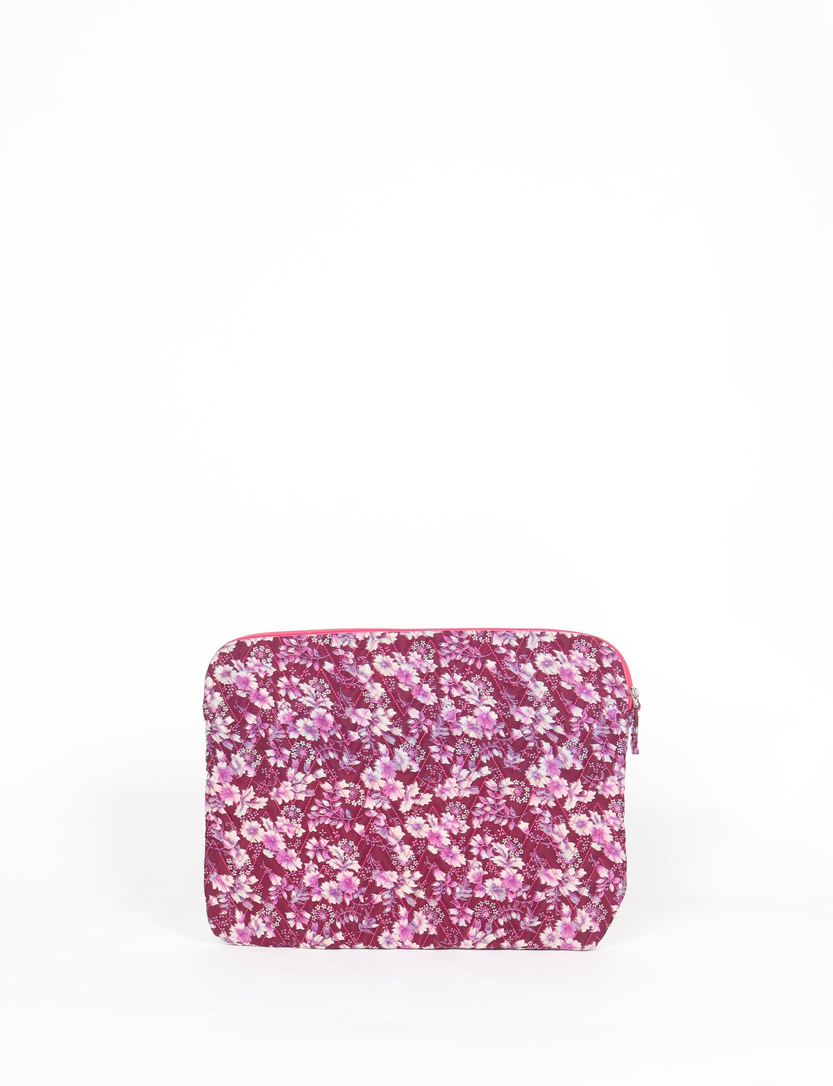 Quilted laptop sleeve with pink floral pattern on burgundy background, front view, zipper closure visible at top edge