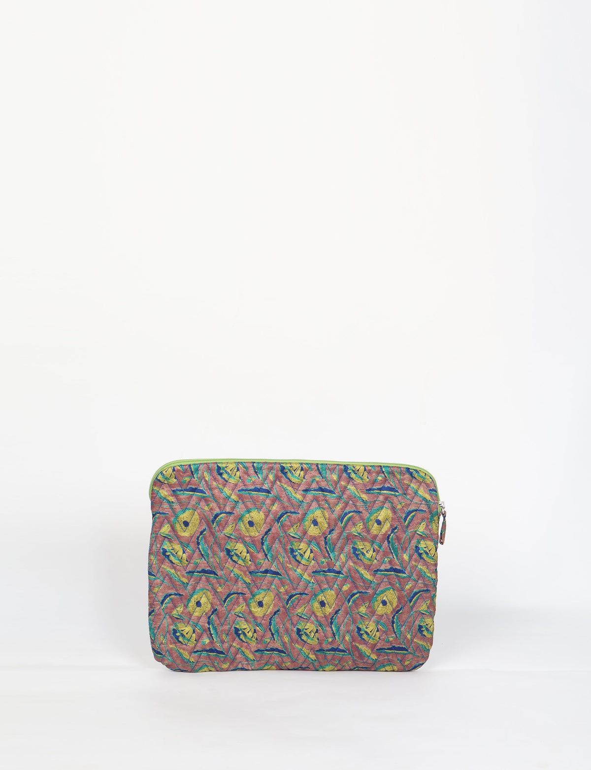 Quilted laptop sleeve with brown floral pattern, green zipper, and wrist strap, shown front view on white background