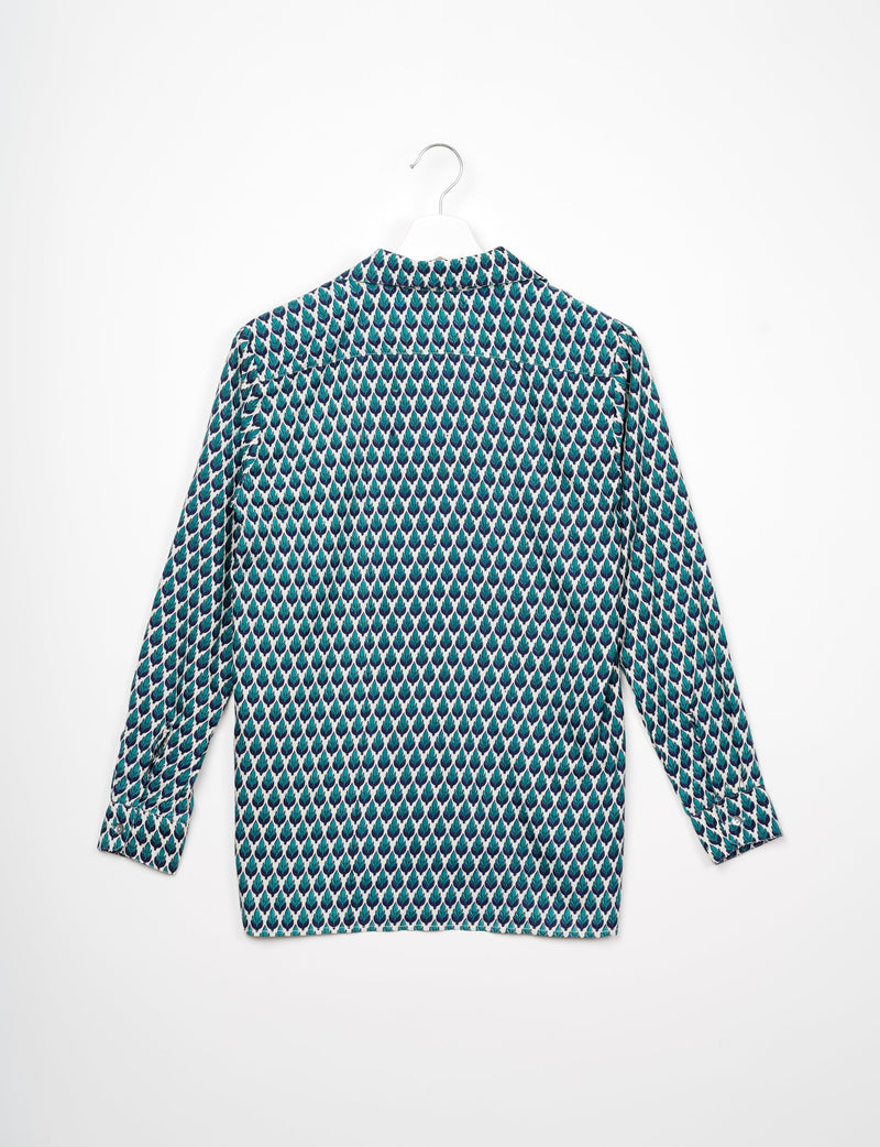 Long-sleeve resort shirt with green and blue leaf micro design pattern, shown from back on white hanger against white background