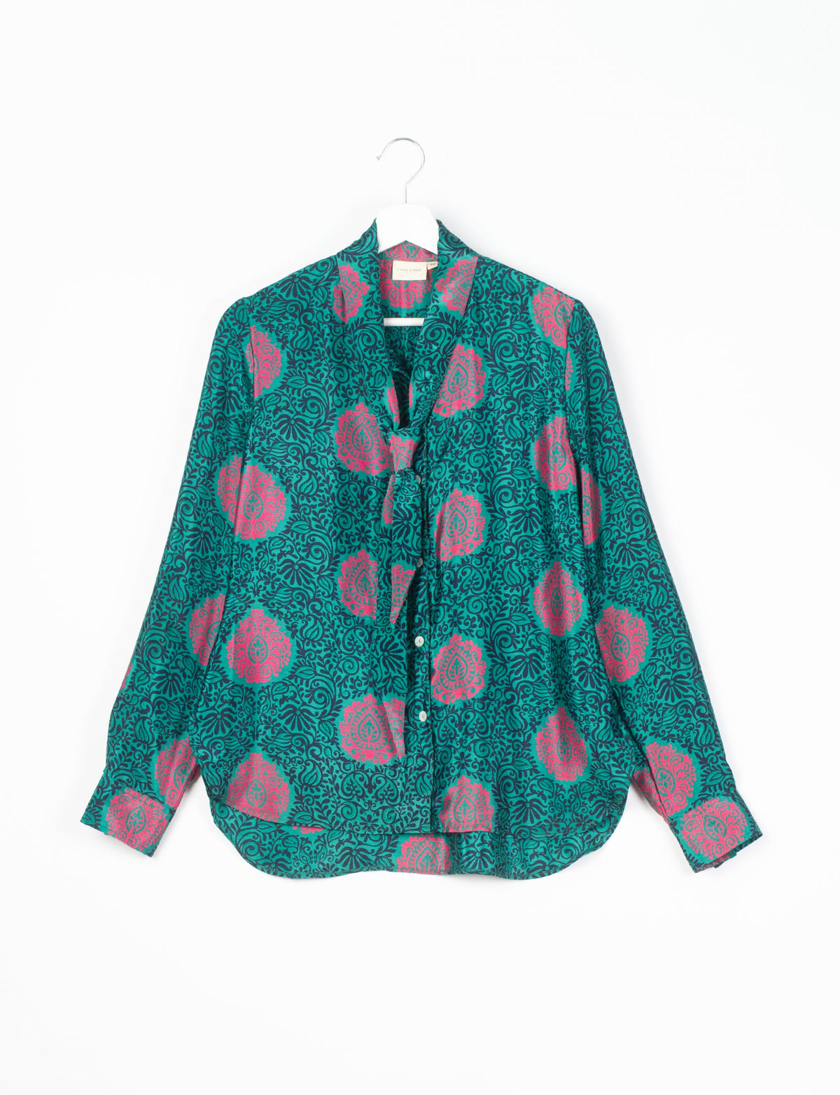 Roll-over collar Bowtie Shirt, eco-friendly and upcycled women's clothing made from recycled materials. Sustainable apparel reflecting green fashion, zero waste clothing, and conscious fashion choices.