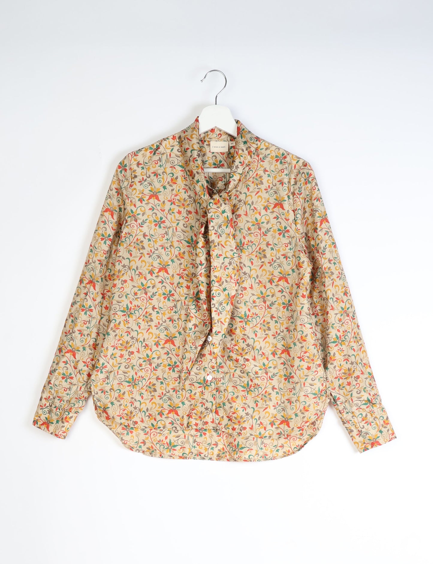 Roll-over collar Bowtie Shirt, eco-friendly and upcycled women's clothing made from recycled materials. Sustainable apparel reflecting green fashion, zero waste clothing, and conscious fashion choices.