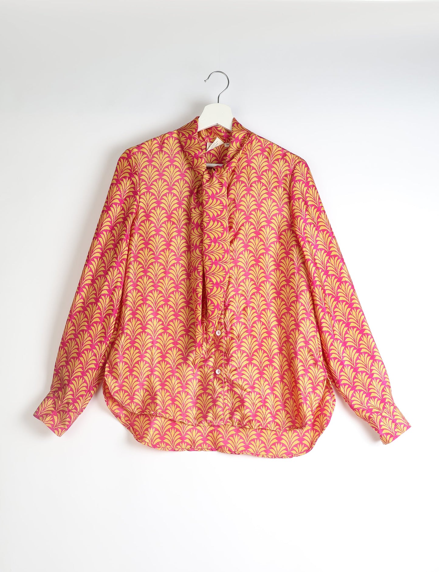 Roll-over collar Bowtie Shirt, eco-friendly and upcycled women's clothing made from recycled materials. Sustainable apparel reflecting green fashion, zero waste clothing, and conscious fashion choices.