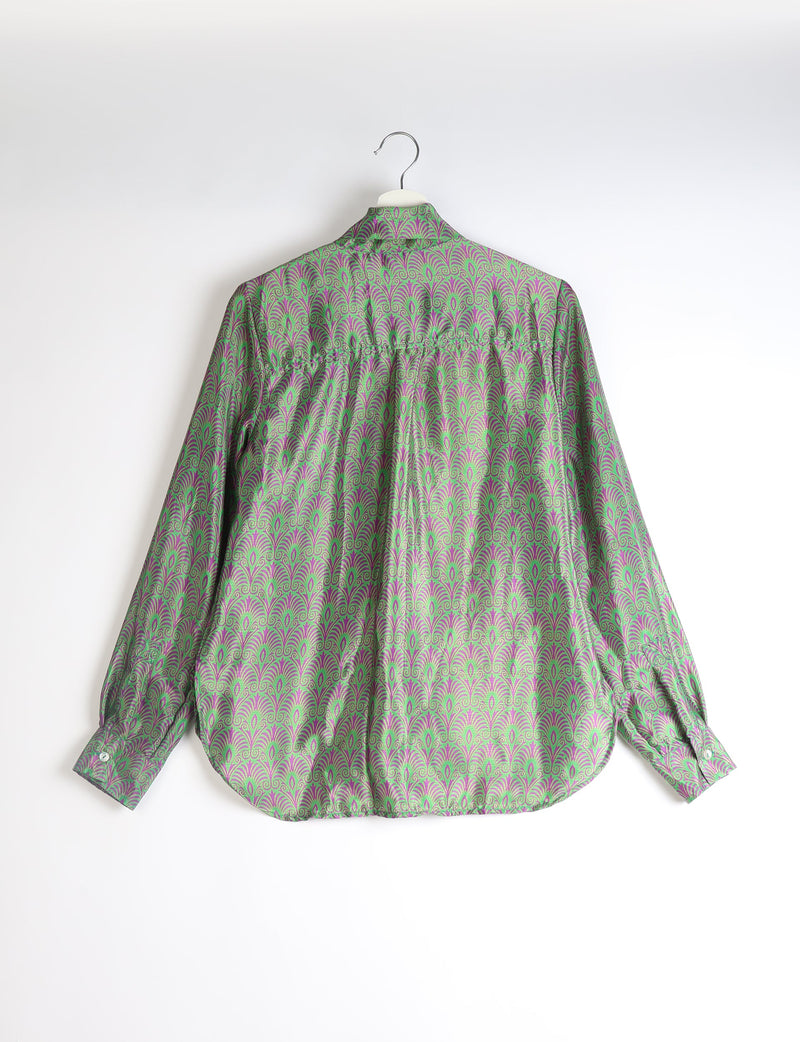 Long-sleeve shirt with green and purple leaf pattern, buttoned cuffs, shown from back on white hanger against white background