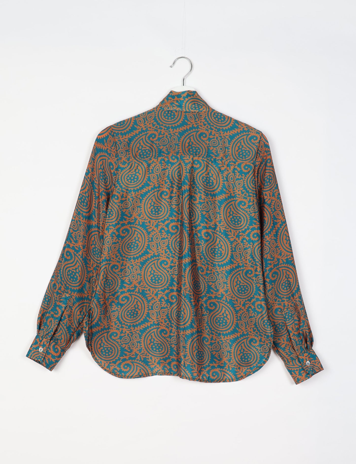 Roll-over collar Bowtie Shirt, eco-friendly and upcycled women's clothing made from recycled materials. Sustainable apparel reflecting green fashion, zero waste clothing, and conscious fashion choices.