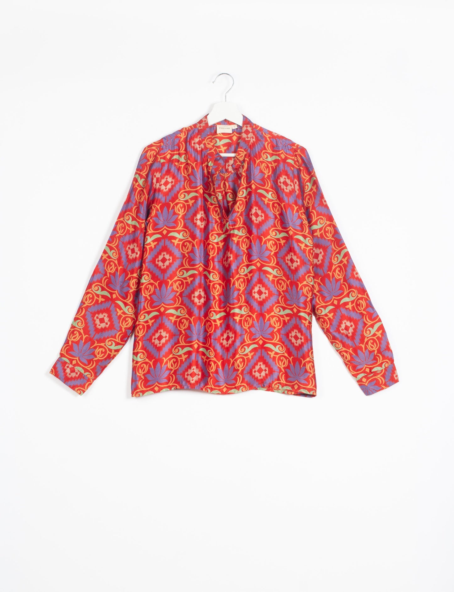 Versatile DAY BLOUSE, a sustainable wardrobe essential with a classic Johnny collar and full sleeves. Lightweight fabric for a comfortable fit, perfect for dressing up or down. Explore ethical clothing and green fashion with this eco-friendly and timeless piece, perfect for any occasion.