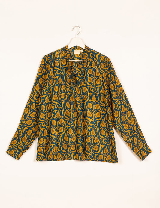 Versatile DAY BLOUSE, a sustainable wardrobe essential with a classic Johnny collar and full sleeves. Lightweight fabric for a comfortable fit, perfect for dressing up or down. Explore ethical clothing and green fashion with this eco-friendly and timeless piece, perfect for any occasion.