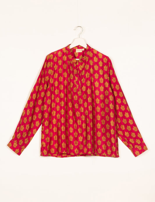 Versatile DAY BLOUSE, a sustainable wardrobe essential with a classic Johnny collar and full sleeves. Lightweight fabric for a comfortable fit, perfect for dressing up or down. Explore ethical clothing and green fashion with this eco-friendly and timeless piece, perfect for any occasion.