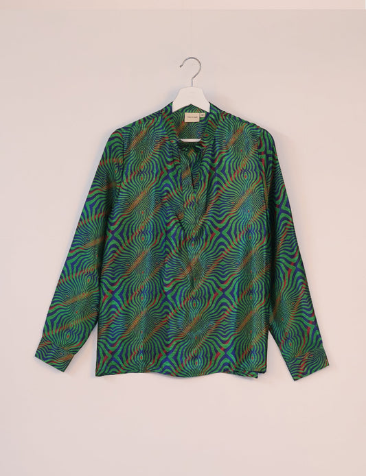 Versatile DAY BLOUSE, a sustainable wardrobe essential with a classic Johnny collar and full sleeves. Lightweight fabric for a comfortable fit, perfect for dressing up or down. Explore ethical clothing and green fashion with this eco-friendly and timeless piece, perfect for any occasion.