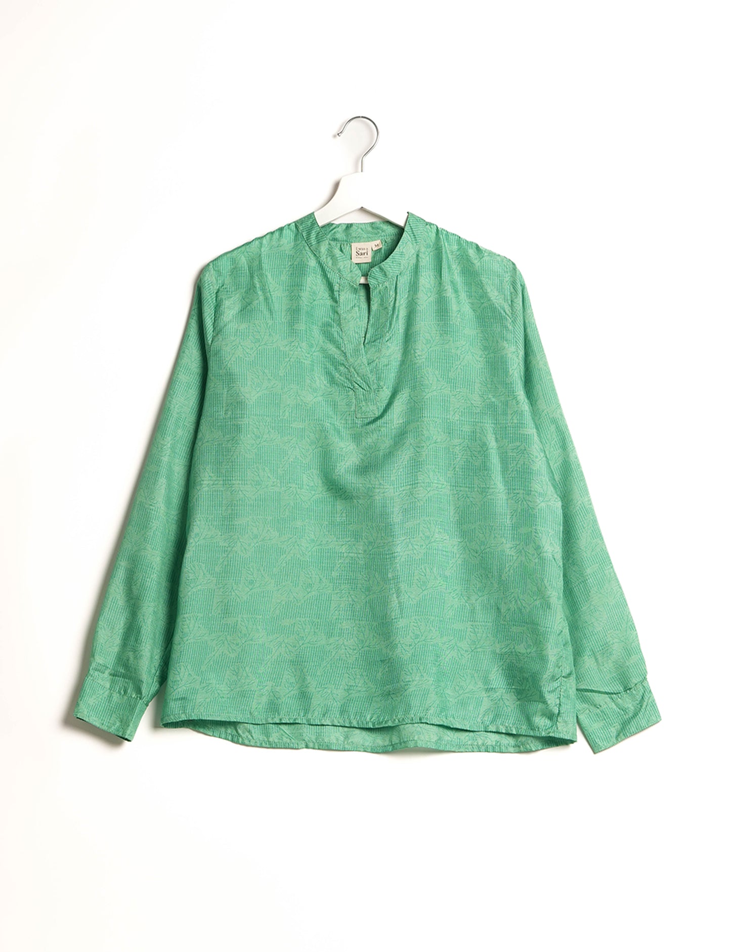 Versatile DAY BLOUSE, a sustainable wardrobe essential with a classic Johnny collar and full sleeves. Lightweight fabric for a comfortable fit, perfect for dressing up or down. Explore ethical clothing and green fashion with this eco-friendly and timeless piece, perfect for any occasion.