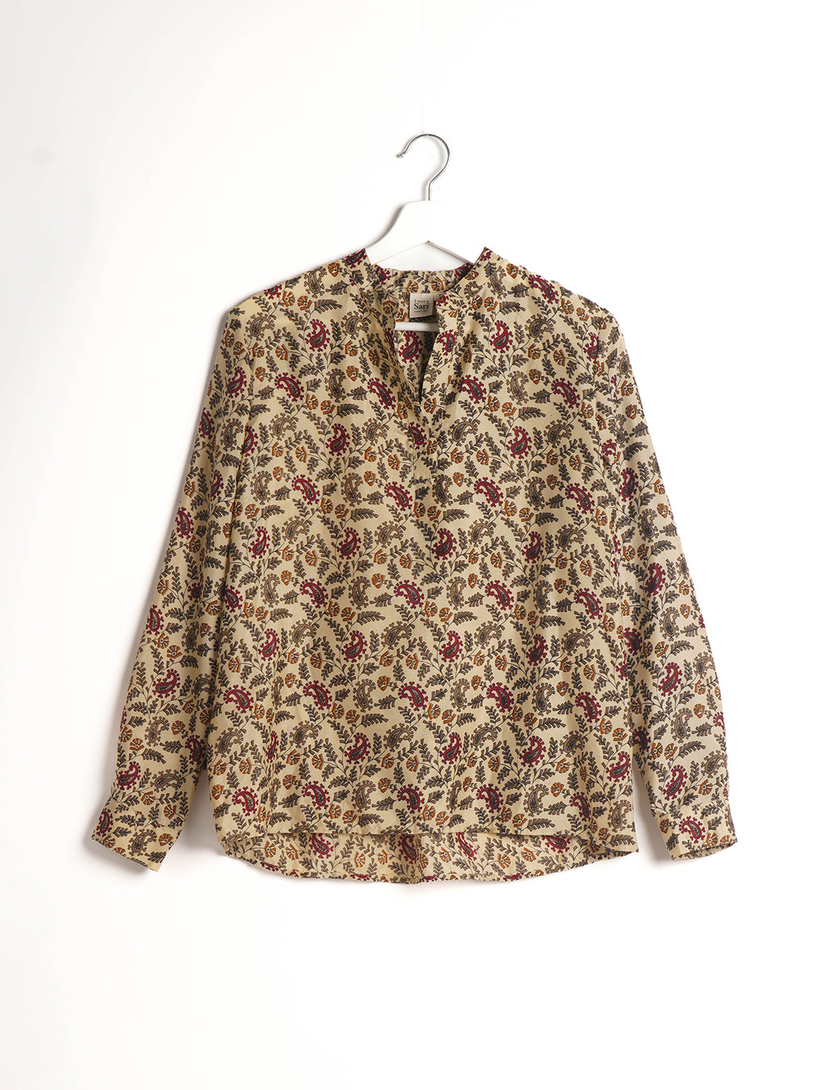 Versatile DAY BLOUSE, a sustainable wardrobe essential with a classic Johnny collar and full sleeves. Lightweight fabric for a comfortable fit, perfect for dressing up or down. Explore ethical clothing and green fashion with this eco-friendly and timeless piece, perfect for any occasion.