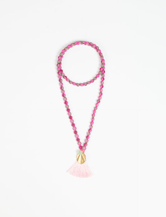 Discover elegance in our Beaded Tassel Necklace, meticulously handcrafted with glass beads, a silk tassel, and a metallic pendant. Hypoallergenic metal hooks provide a skin-friendly and stylish accessory. Length: 57 cm / 22.5 inches.