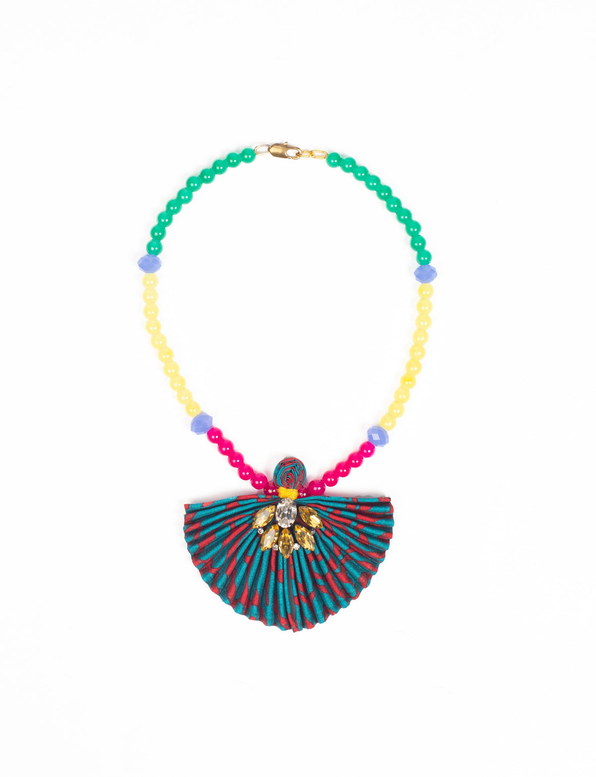 Beaded necklace with blue, yellow, and pink beads and a pleated blue and red fabric pendant with yellow gems