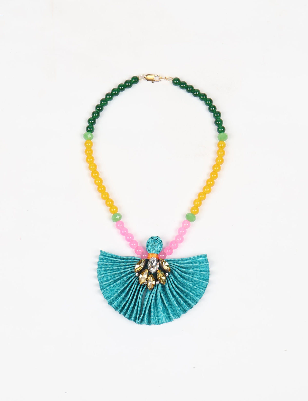 Beaded necklace with green, yellow, and pink round beads, featuring a pleated blue fabric pendant with gold and clear gems