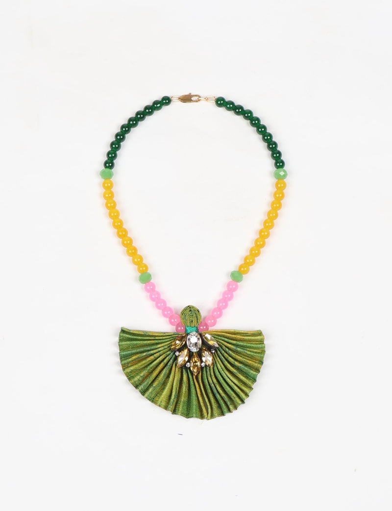 Beaded necklace with green, yellow, and pink round beads, featuring a pleated green fabric pendant with crystal embellishments
