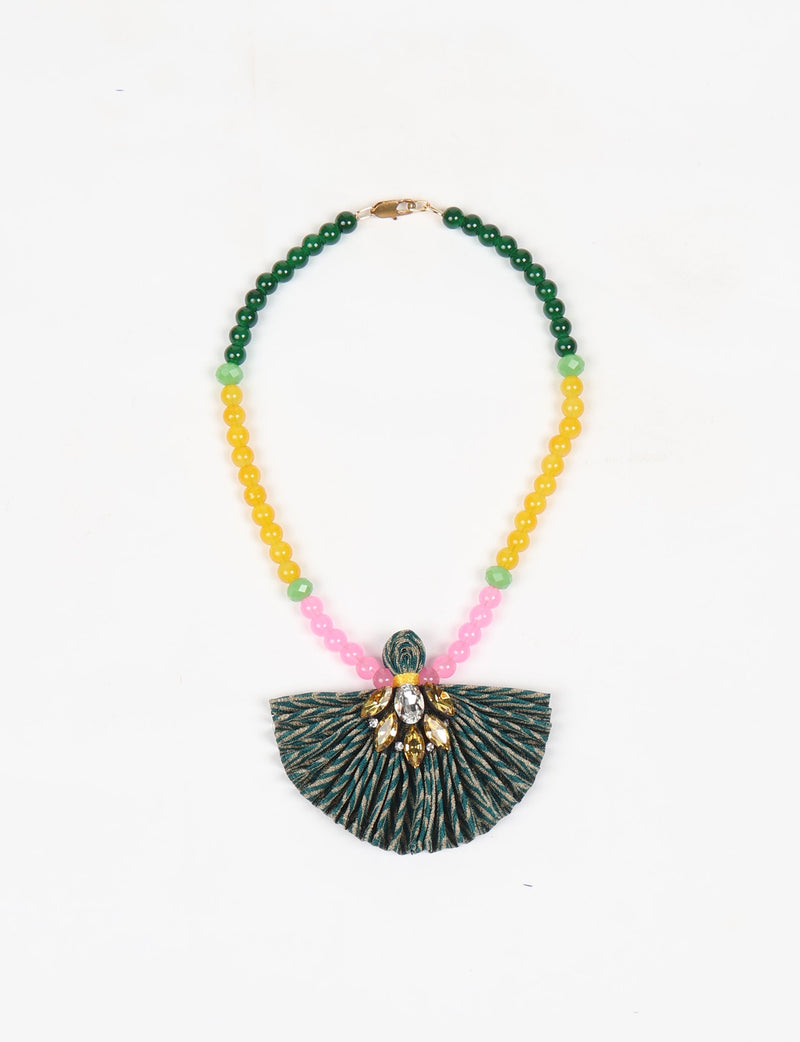 Beaded necklace with green, yellow, and pink round beads, pleated green abstract fabric pendant, and rhinestone embellishments
