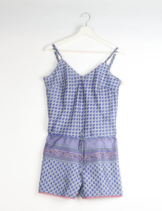 Vibrant playsuit with lace accents, crafted from upcycled saris. Embrace ethical fashion with this unique piece designed for conscious consumers.