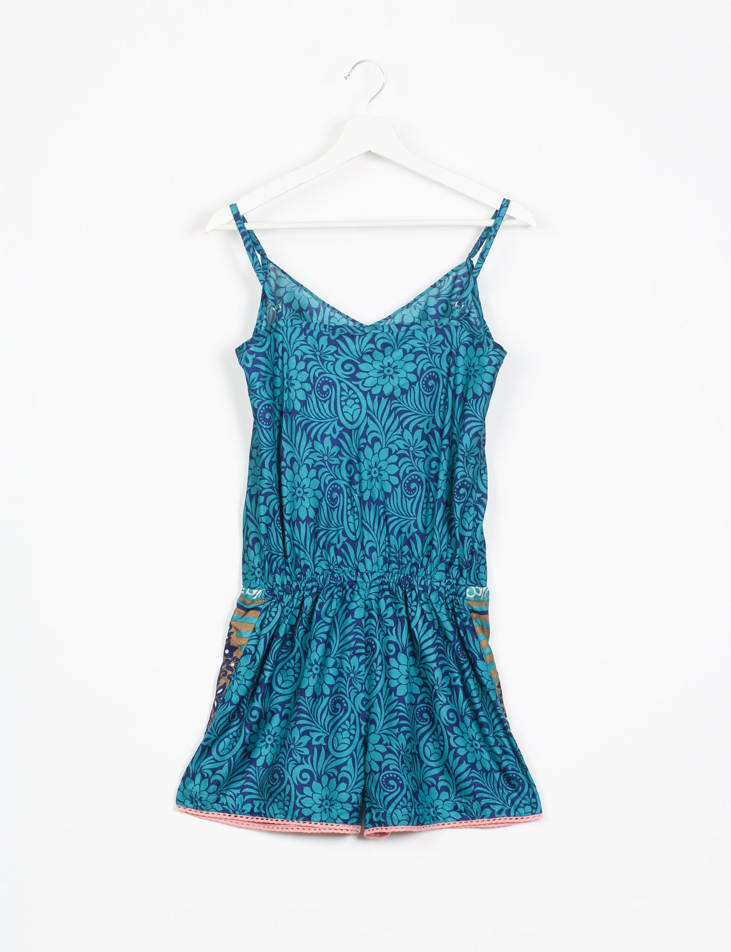 Vibrant playsuit with lace accents, crafted from upcycled saris. Embrace ethical fashion with this unique piece designed for conscious consumers.