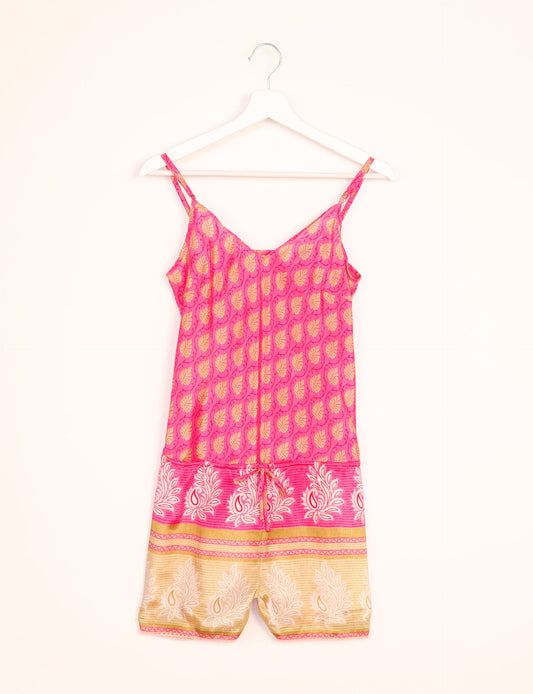 Vibrant playsuit with lace accents, crafted from upcycled saris. Embrace ethical fashion with this unique piece designed for conscious consumers.