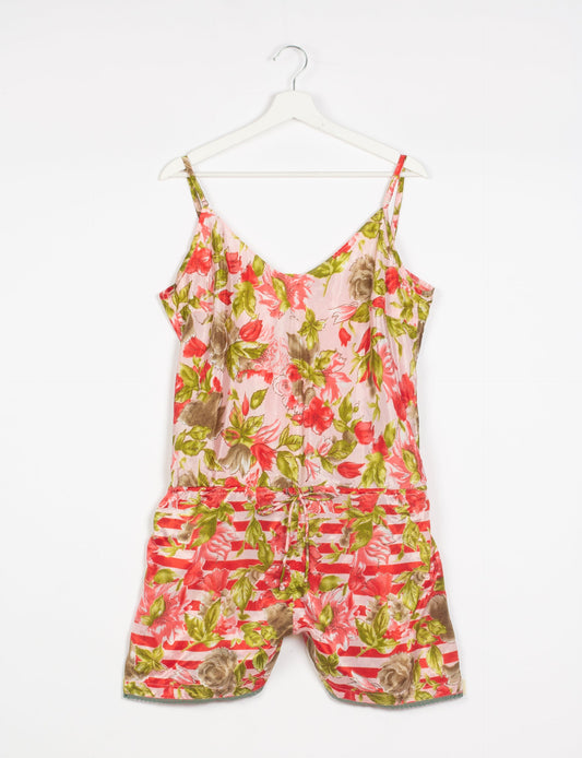 Vibrant playsuit with lace accents, crafted from upcycled saris. Embrace ethical fashion with this unique piece designed for conscious consumers.