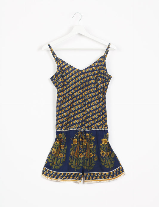 Vibrant playsuit with lace accents, crafted from upcycled saris. Embrace ethical fashion with this unique piece designed for conscious consumers.