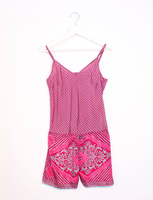 Vibrant playsuit with lace accents, crafted from upcycled saris. Embrace ethical fashion with this unique piece designed for conscious consumers.