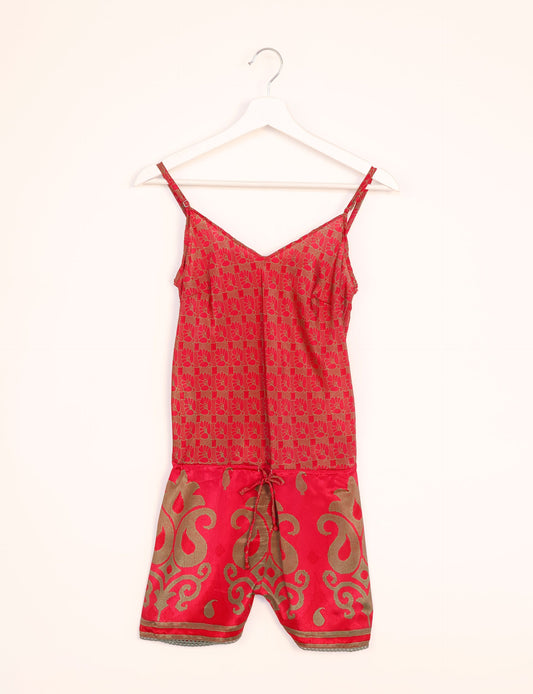 Vibrant playsuit with lace accents, crafted from upcycled saris. Embrace ethical fashion with this unique piece designed for conscious consumers.