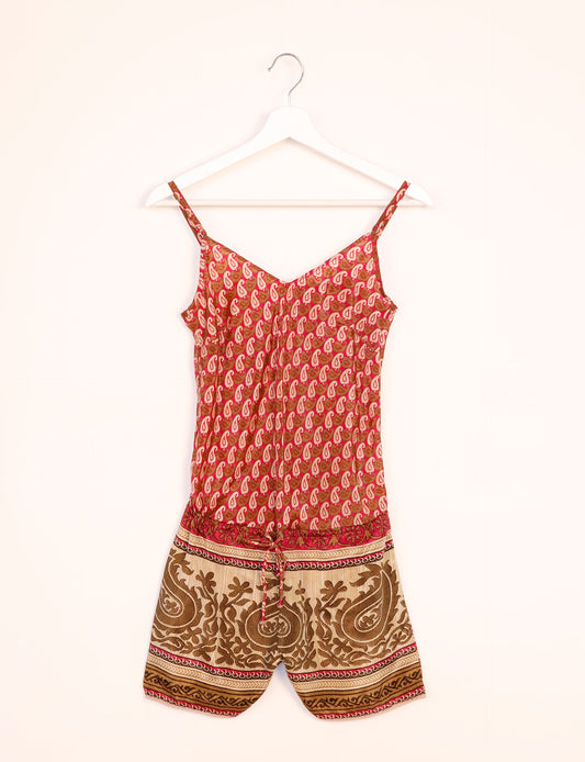 Vibrant playsuit with lace accents, crafted from upcycled saris. Embrace ethical fashion with this unique piece designed for conscious consumers.