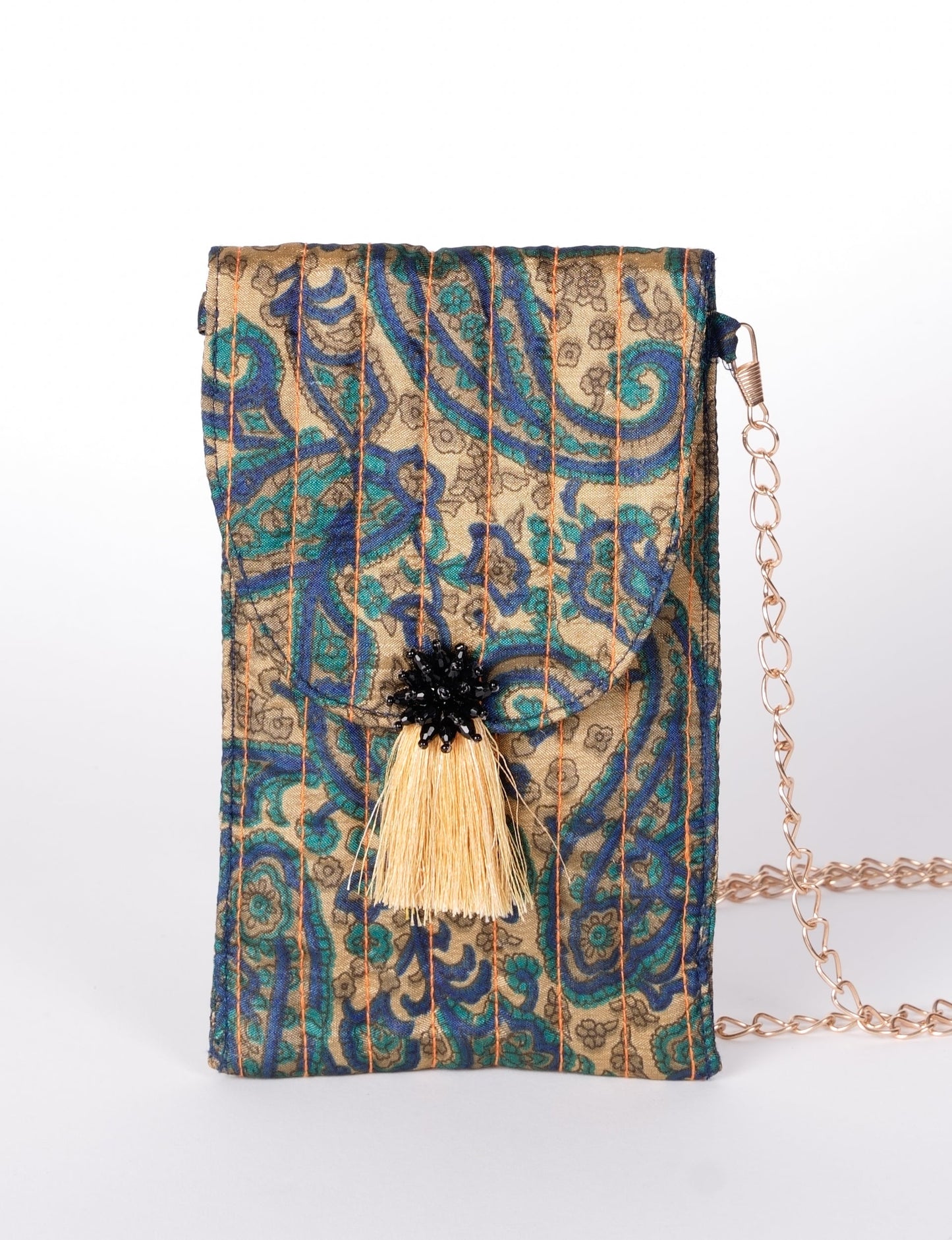 Stylish mobile phone pouch with tassel charm. Made from sustainable materials for eco-friendly fashion.